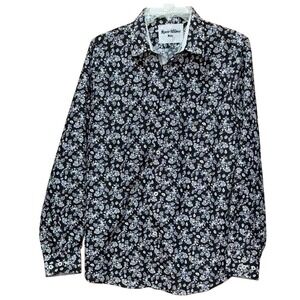 Rosso Milano Italy Mens Button Down Shirt Black White Floral Print Long Sleeve S